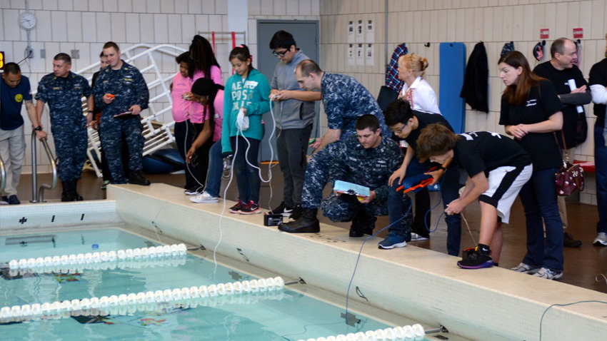 Students competing in the SeaPerch 2017 underwater robotics competition