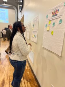 a woman looks at a poster and sticky notes on a wall